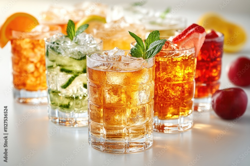 A collection of glasses filled with different beverages, ideal for use in food and beverage related content