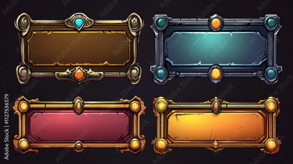 Naklejka premium Empty rectangle frames in medieval style for game ui design. Vector cartoon set of user interface elements with golden, bronze and silver ornate border, ranking progress panel isolated on background