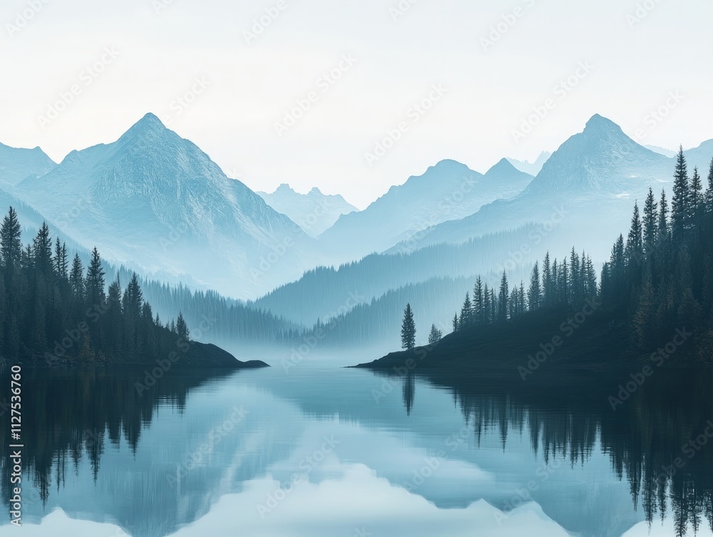 Serene mountain lake reflects misty peaks. Serene mountain lake reflects misty peaks.