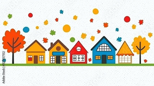A colorful illustration of houses and trees, depicting a cheerful neighborhood scene.