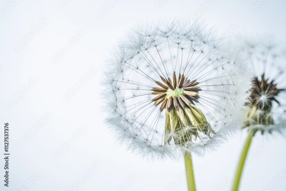A detailed view of a dandelion flower head against a bright blue sky A detailed view of a dandelion flower head against a bright blue sky