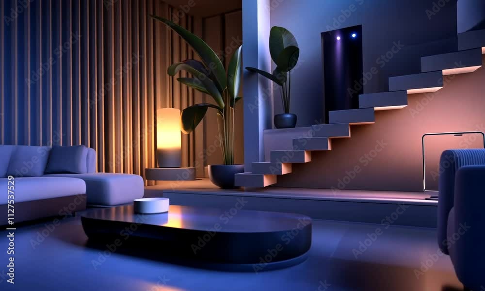 Modern living room interior with stairs, plants, smart devices, and ambient lighting at night.