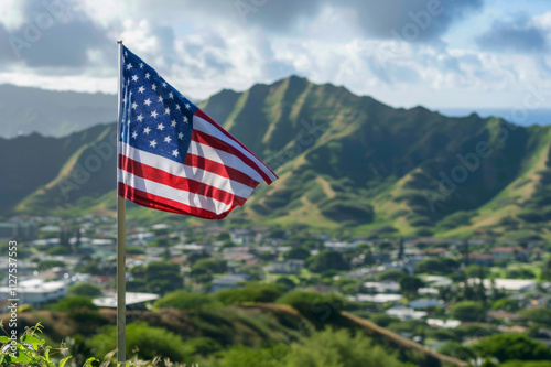 The USA flag on the background of Honolulu views