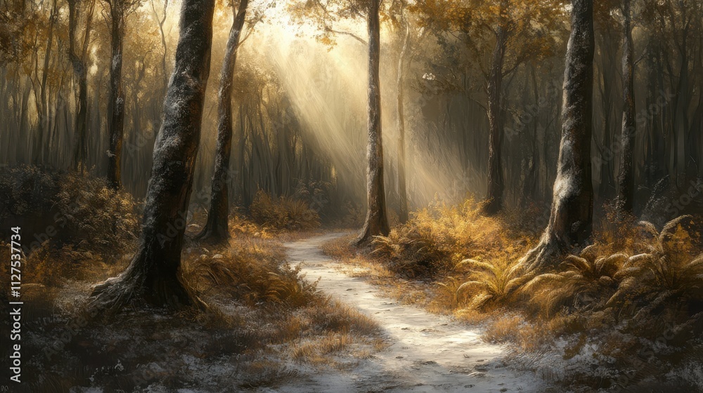 Fototapeta premium Sunbeams illuminate a snow-dusted path winding through a tranquil winter forest.