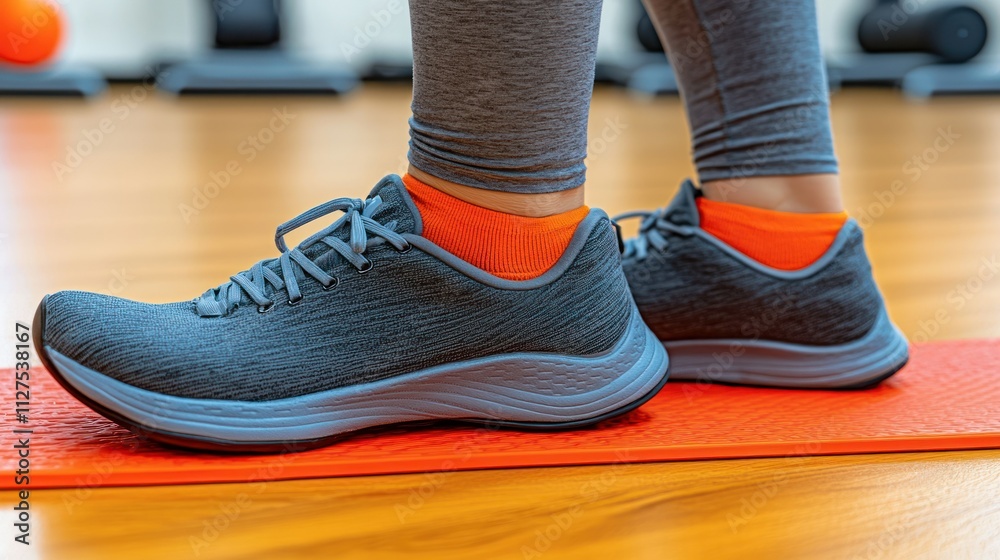 Close-up of athletic shoes on an exercise mat, emphasizing fitness and movement. Close-up of athletic shoes on an exercise mat, emphasizing fitness and movement.
