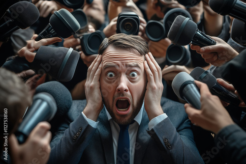 Businessman faces overwhelming media scrutiny during a press event photo