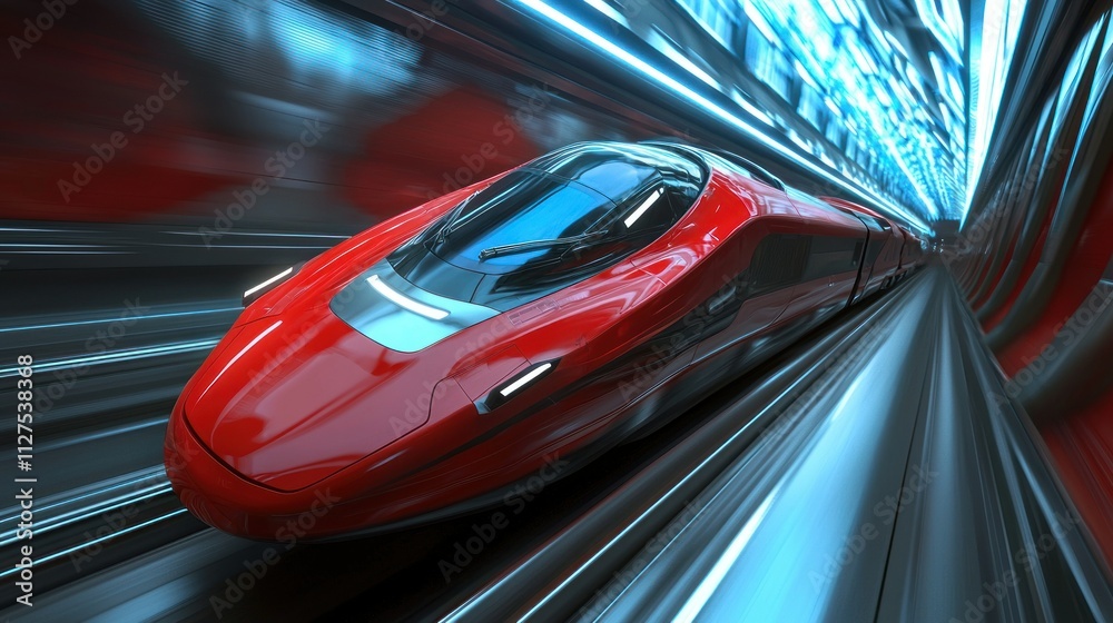 Fototapeta premium A futuristic red train speeding through a high-tech tunnel with dynamic lighting effects.