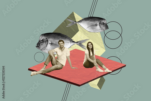 Photo cartoon comics sketch collage of two happy girl guy sit together fishing hobby wild habitat underwater sea nutrition river photo