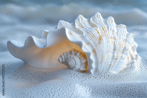 A seashell lies on the beach, surrounded by ocean waves