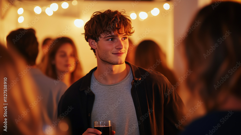 Young Handsome Man Grapples With Social Anxiety While Observing a Lively Gathering or Party Filled With Laughter and Connection