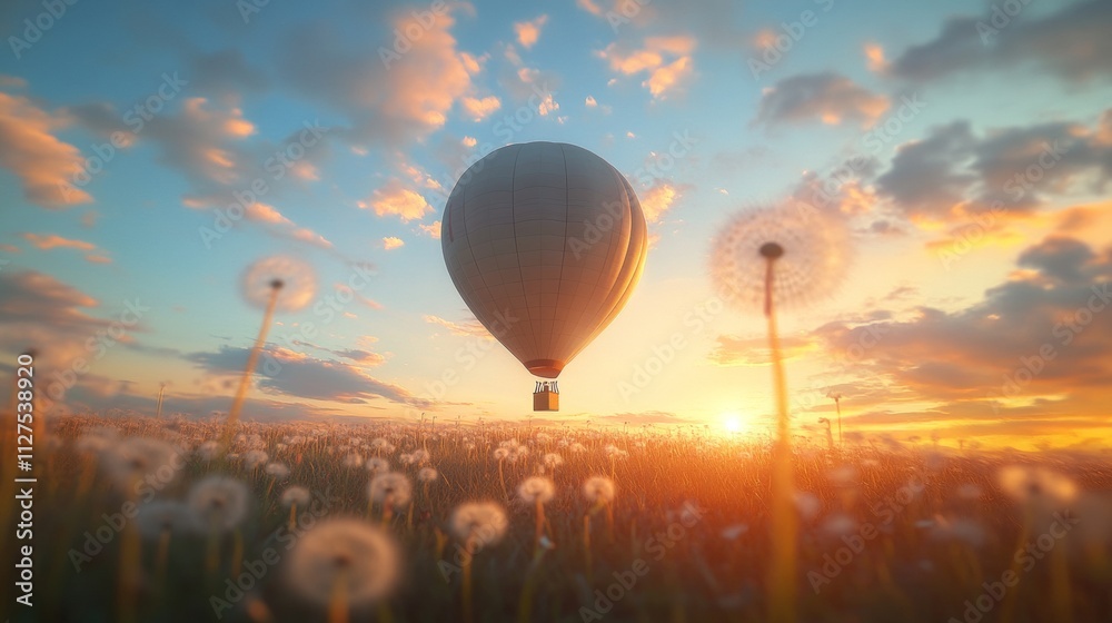 A small hot air balloon drifts serenely over a vast field of dandelions as warm sunlight bathes the landscape. Fluffy clouds decorate the blue sky during sunset A small hot air balloon drifts serenely over a vast field of dandelions as warm sunlight bathes the landscape. Fluffy clouds decorate the blue sky during sunset