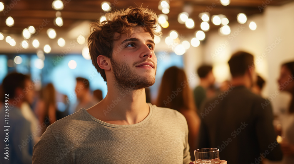 Young Handsome Man's Looking Up Reflected in a Crowd of Laughter during Gathering Party with Friends