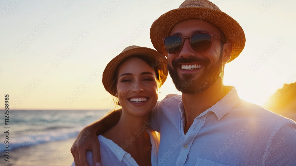 Joyful Couple Enjoys a Romantic Sunset Stroll on the Beach During Their Getaway, Embracing Love and Adventure Together