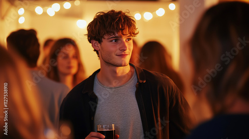 Young Handsome Man Grapples With Social Anxiety While Observing a Lively Gathering or Party Filled With Laughter and Connection
