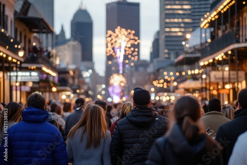 A bustling street filled with people under glowing lights and an enchanting atmosphere, as festive decorations shine brightly against the evening sky.