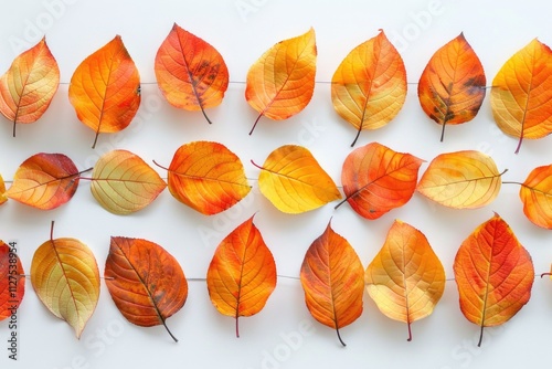 A collection of different colored leaves arranged on a white surface photo