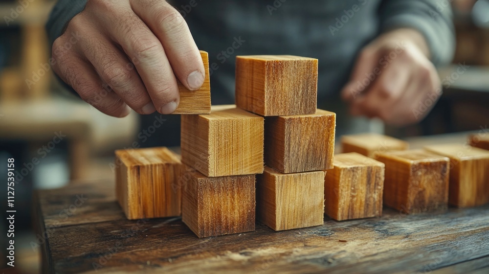 A person stacks wooden blocks on a table A person stacks wooden blocks on a table