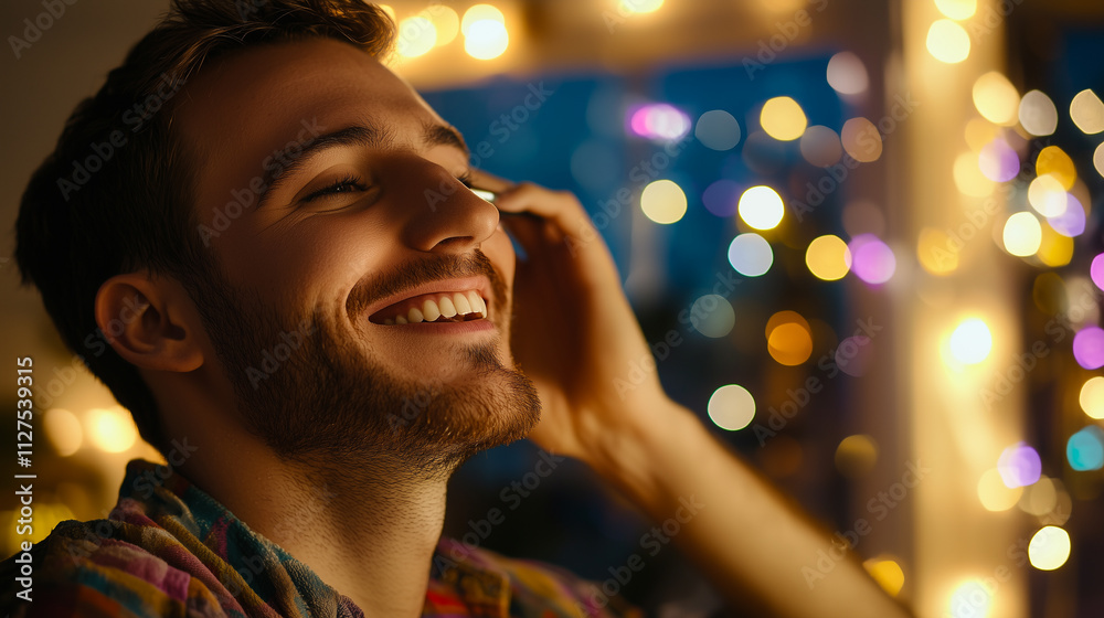 Young Man Joyfully Applying Smiling in a Cozy, Vibrant Setting With Festive Lights