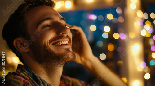 Obraz na płótnie Young Man Joyfully Applying Smiling in a Cozy, Vibrant Setting With Festive Lights w salonie