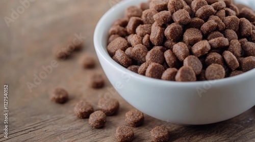 A bowl of dog food placed on a wooden table, suitable for pet photography or illustrations photo