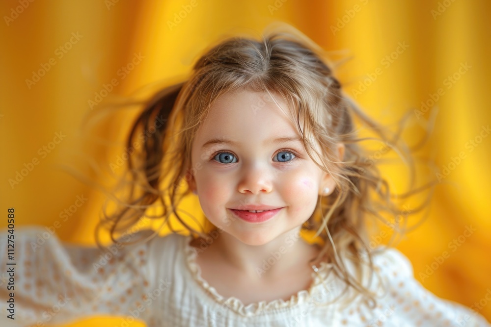 A young girl with curly brown hair and bright blue eyes looking straight ahead A young girl with curly brown hair and bright blue eyes looking straight ahead