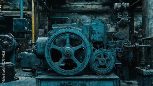 An industrial machine covered in blue paint, showcasing wear and age in a factory setting. photo