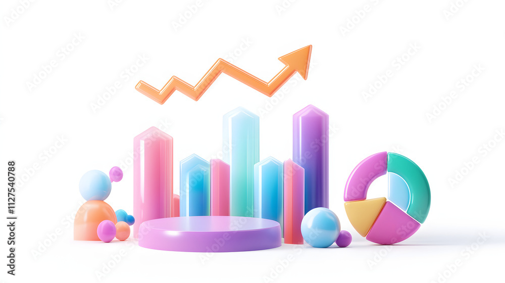 lying composition 3d icon, UI icon, a chart icon, bar chart has a rising arrow on it, bar chart, pie chart, a rising arrow, frosted glass, transparent, white background, transparent technology sense lying composition 3d icon, UI icon, a chart icon, bar chart has a rising arrow on it, bar chart, pie chart, a rising arrow, frosted glass, transparent, white background, transparent technology sense