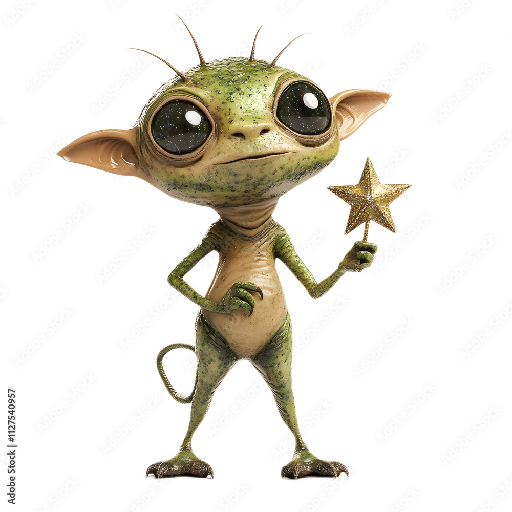 Fototapeta premium Whimsical Green Creature Holding a Star Wand in Enchanted Setting