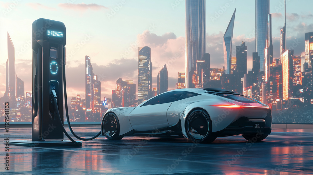 Innovative Electric Vehicle Charging at a Futuristic Hub With a Stunning Urban Skyline at Twilight