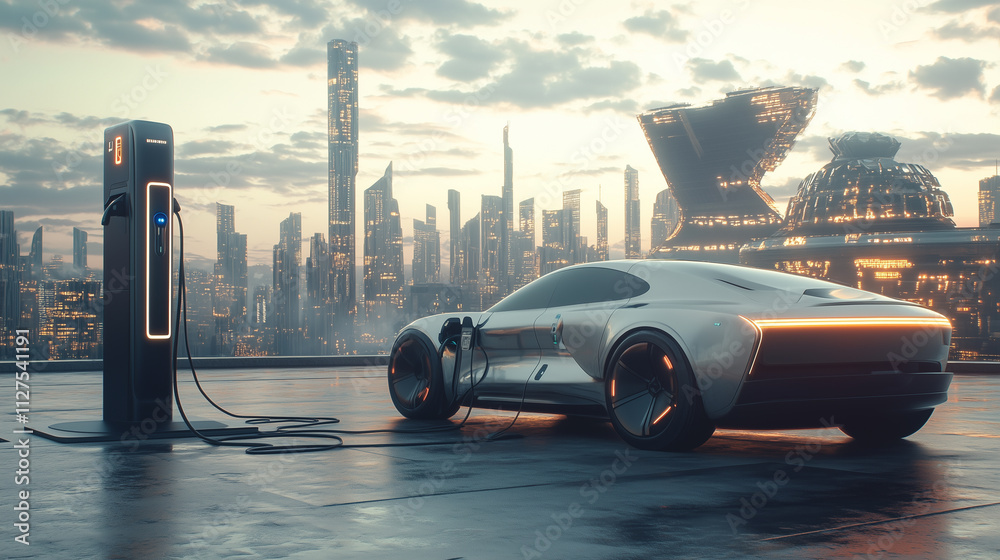 Futuristic Electric Car Charging at a Sleek Urban Station Under a Vibrant Skyline of Modern Architecture