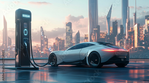 Obraz na płótnie Innovative Electric Vehicle Charging at a Futuristic Hub With a Stunning Urban Skyline at Twilight w salonie