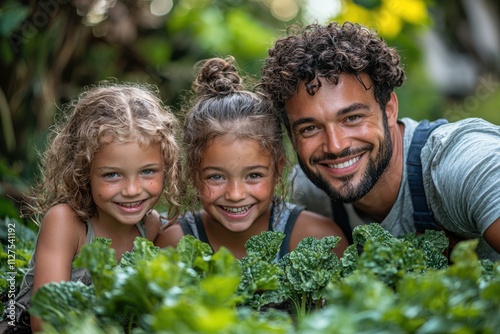 Family enjoys gardening together surrounded by lush green plants in a sunny backyard during summer. Generative AI