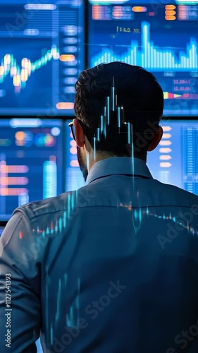 Stock market analyst studies trading data at a modern financial office during the day