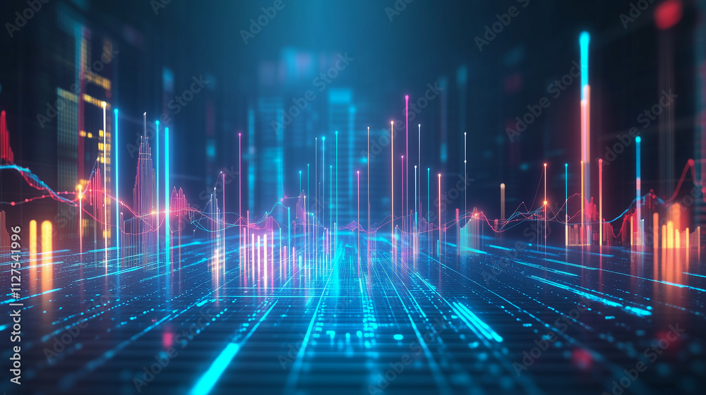 Futuristic Data Visualization With Glowing Charts and Interconnected Lines in a High-Tech Environment