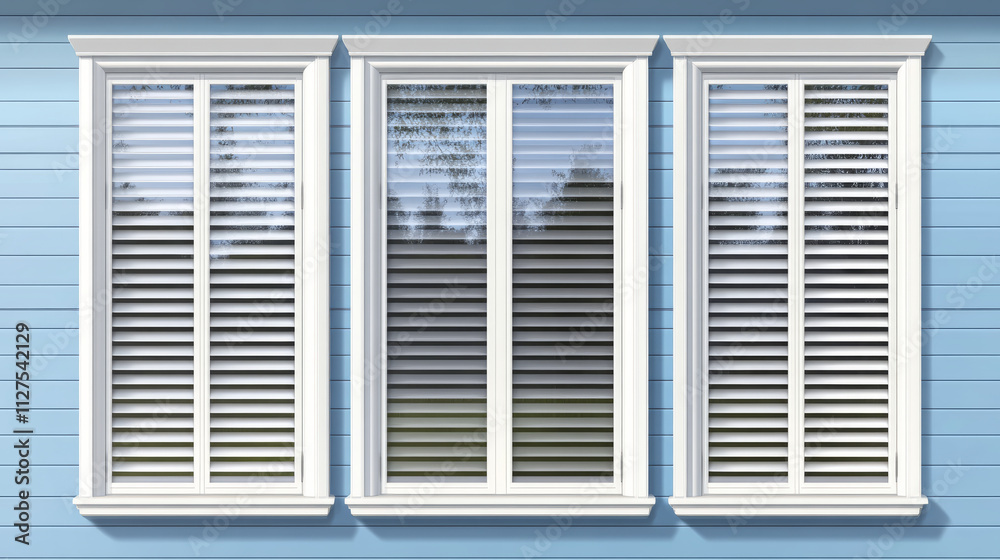 Windows with jalousie and roller shutter curtains. Plastic pvc single casement blinds front view. Home facade design elements isolated on transparent background, Realistic 3d vector illustration, set Windows with jalousie and roller shutter curtains. Plastic pvc single casement blinds front view. Home facade design elements isolated on transparent background, Realistic 3d vector illustration, set