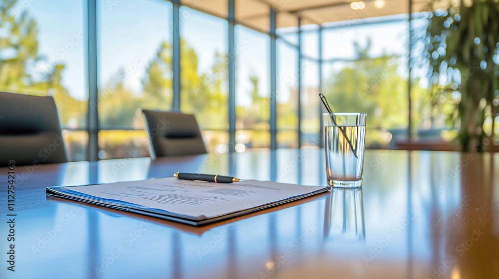 Bright Conference Room Featuring a Polished Table With Documents, a Pen, and a Glass of Water Ready for Important Discussions