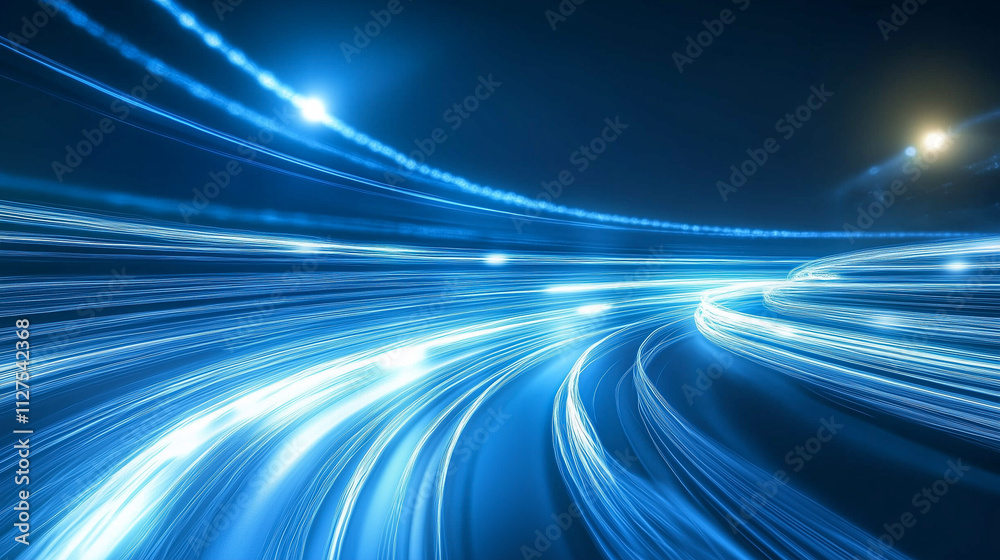 Dynamic Light Trails of Blue and White Suggest Speed and Progress in a Futuristic Landscape