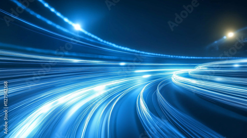 Obraz na płótnie Dynamic Light Trails of Blue and White Suggest Speed and Progress in a Futuristic Landscape w salonie