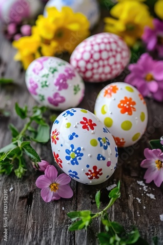 A collection of colorful eggs sit atop a wooden table photo