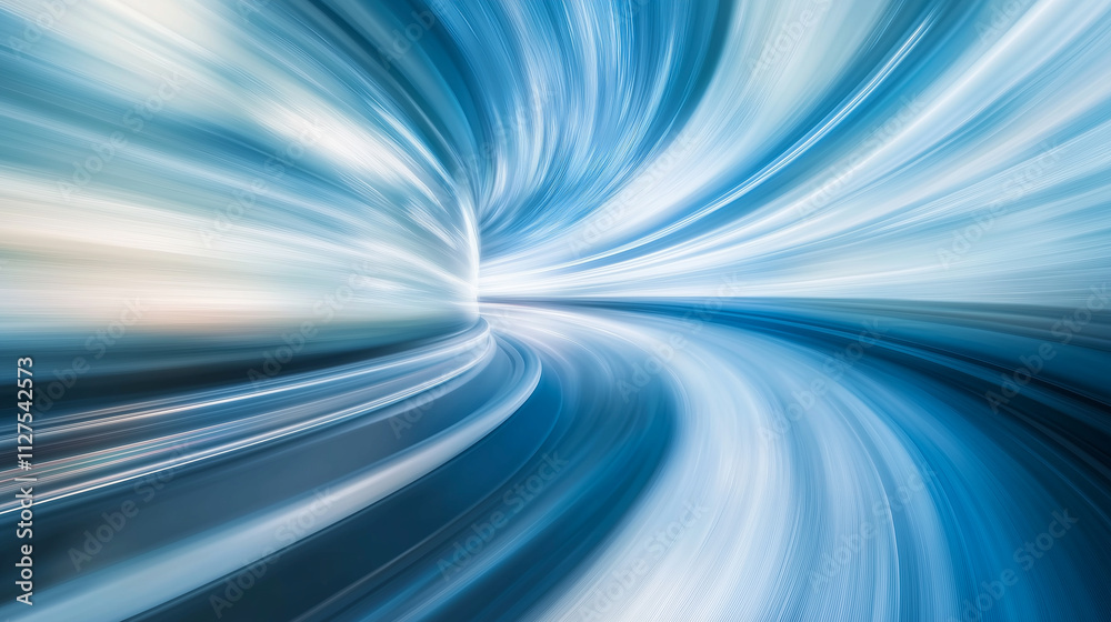 Dynamic Blue and White Light Streaks Illustrate the Essence of Speed, Progress, and Innovation in a Flowing Landscape