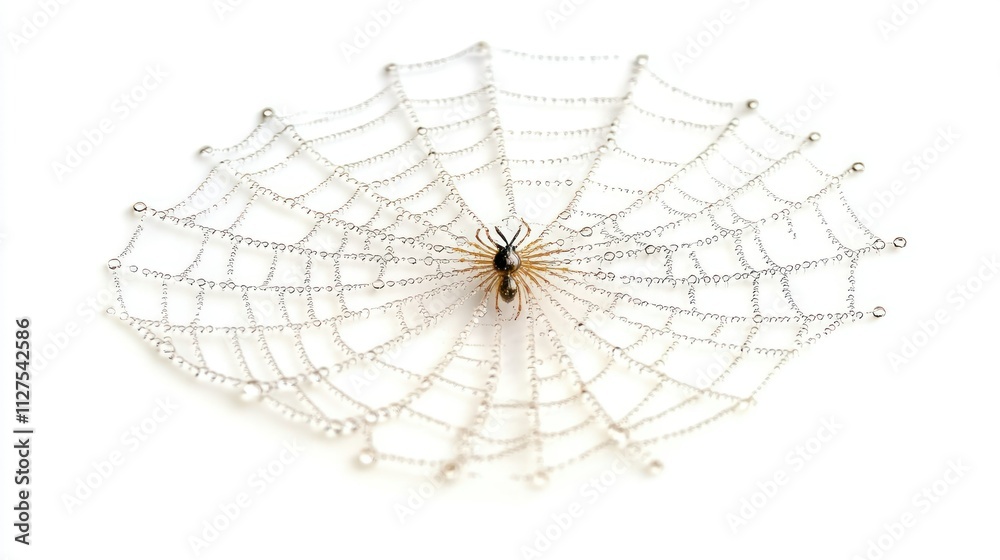 Obraz premium A spider is centered in a delicate, intricately designed web made of fine threads.