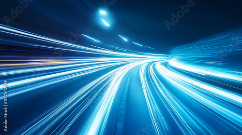 Obraz na płótnie Dynamic Light Streaks in Blue and White Convey a Sense of Speed and Progress During a Nighttime Drive on a Modern Highway w salonie