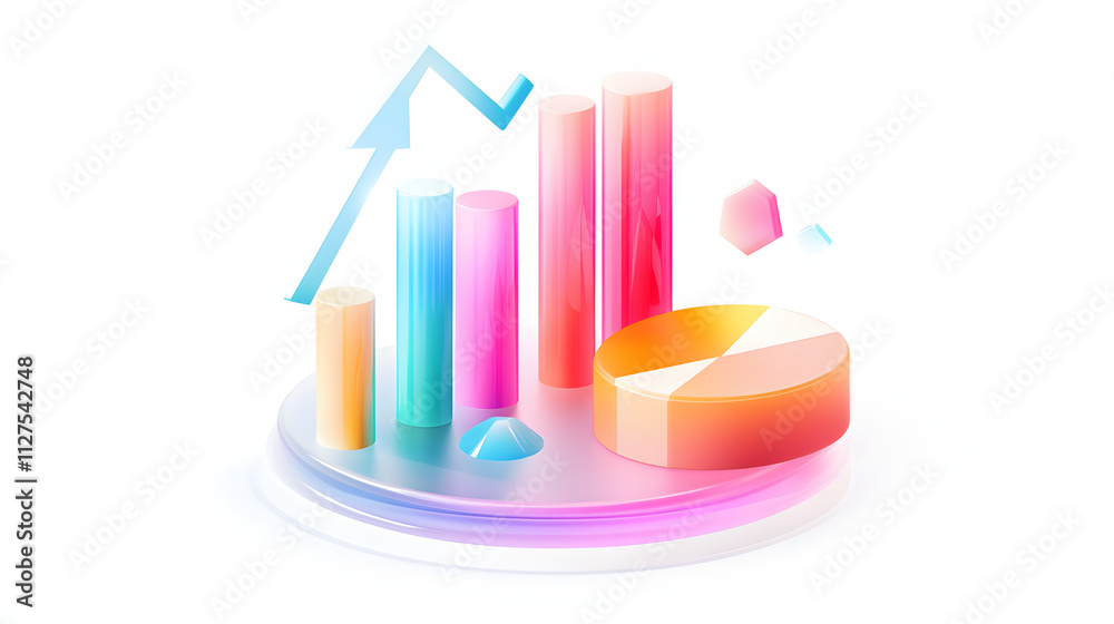 lying composition 3d icon, UI icon, a chart icon, bar chart has a rising arrow on it, bar chart, pie chart, a rising arrow, frosted glass, transparent, white background, transparent technology sense lying composition 3d icon, UI icon, a chart icon, bar chart has a rising arrow on it, bar chart, pie chart, a rising arrow, frosted glass, transparent, white background, transparent technology sense