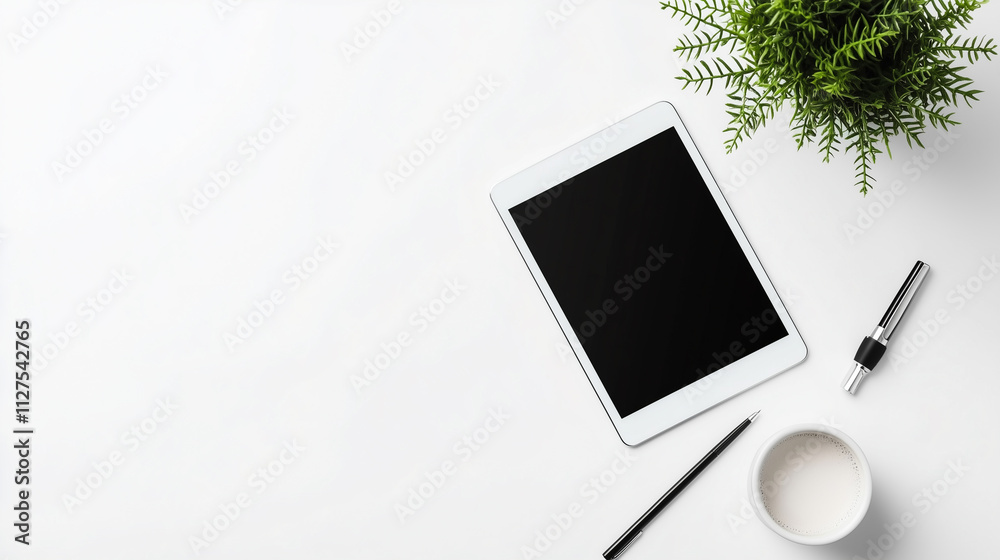 Minimalist Workspace Featuring a White Desk, Digital Tablet, and Greenery for Enhanced Creativity and Inspiration