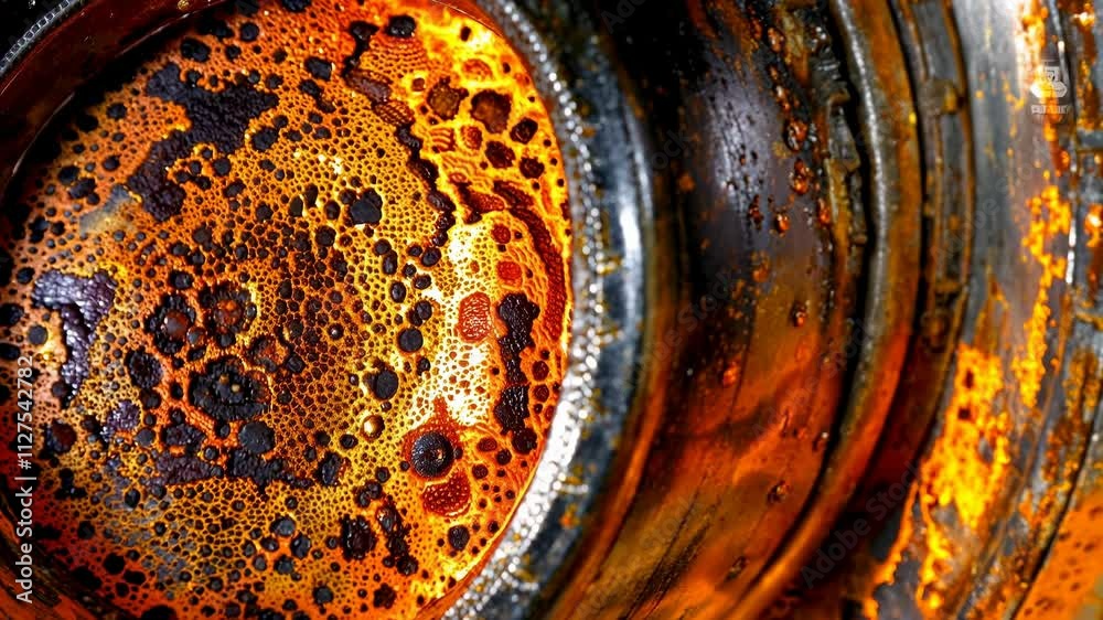Highlights the intricate patterns of rust and corrosion found on metal surfaces in a forgotten area. The vibrant colors and textures reveal nature's reclaiming process over time.