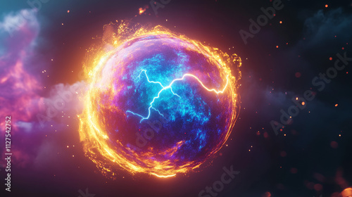 Electric lightning ball with thunder energy vector effect. Magic circle sphere with plasma lightening spark. 3d realistic yellow, blue and purple blast charge globe element. Neon discharge shock