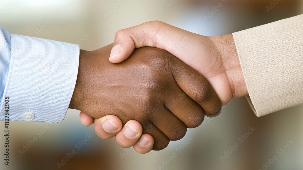 Professional Handshake Symbolizes Trust and Partnership Amidst a Blurred Office Background, Highlighting Teamwork and Successful Negotiations