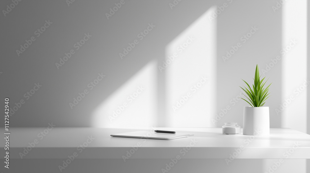 Minimalist Workspace Design Featuring a Digital Tablet and a Potted Plant in a Bright Environment