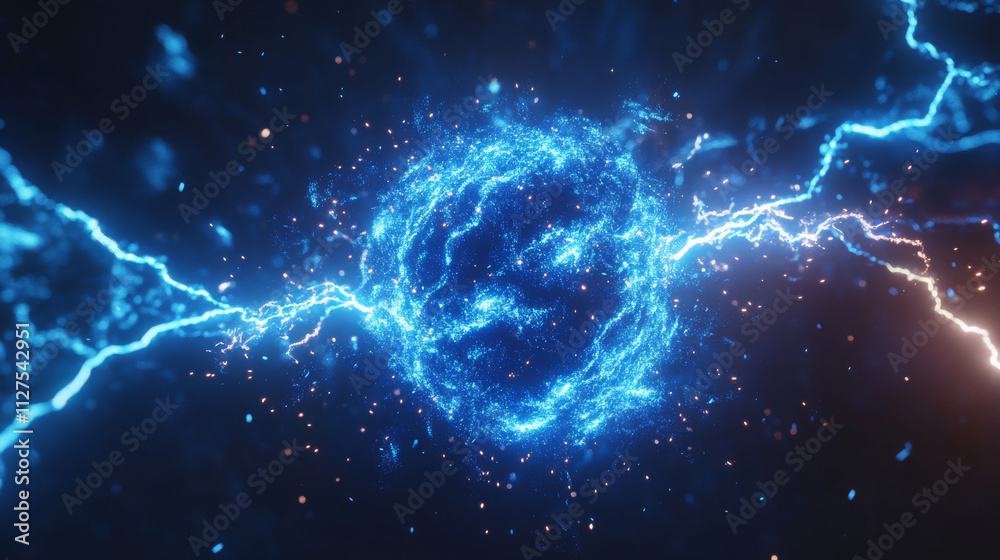 Electric ball and lightning strike, impact place, plasma sphere or magical energy flash in blue color isolated on black background. Powerful electrical discharge, Realistic 3d vector illustration Electric ball and lightning strike, impact place, plasma sphere or magical energy flash in blue color isolated on black background. Powerful electrical discharge, Realistic 3d vector illustration