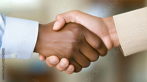 Obraz na płótnie Professional Handshake Symbolizes Trust and Partnership Amidst a Blurred Office Background, Highlighting Teamwork and Successful Negotiations w salonie